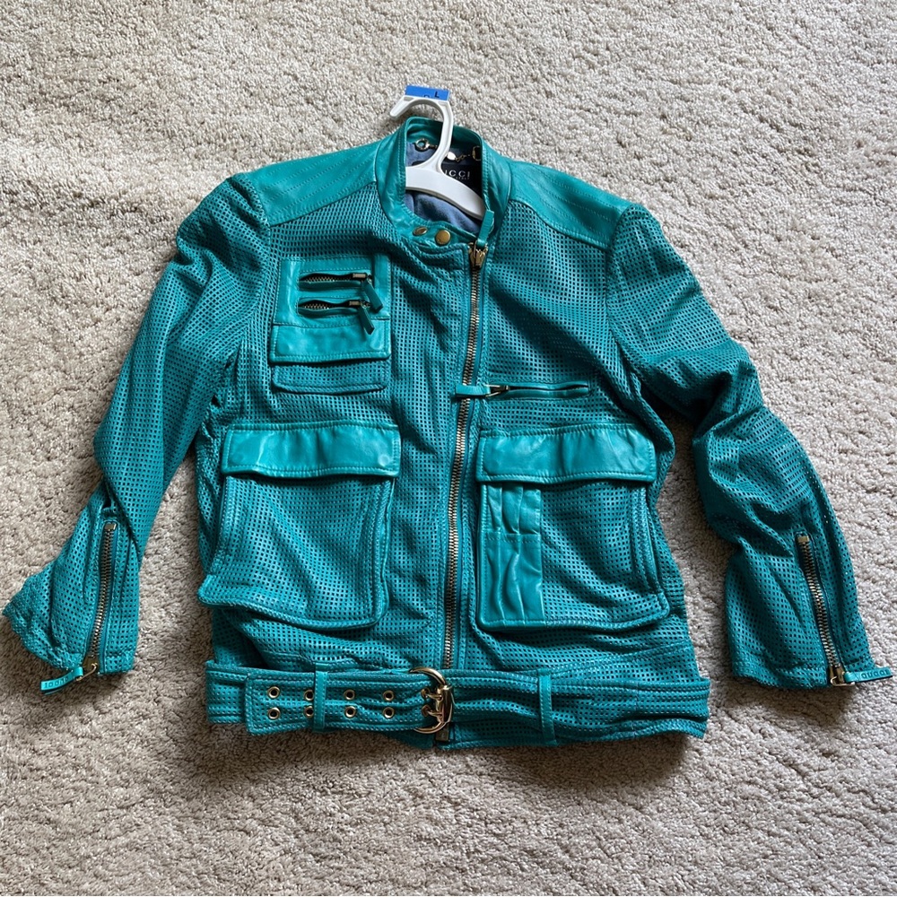 AUTH VINTAGE GUCCI LEATHER MESH MOTO JACKET TURQUOISE BLUE SZ 40 WOW!
